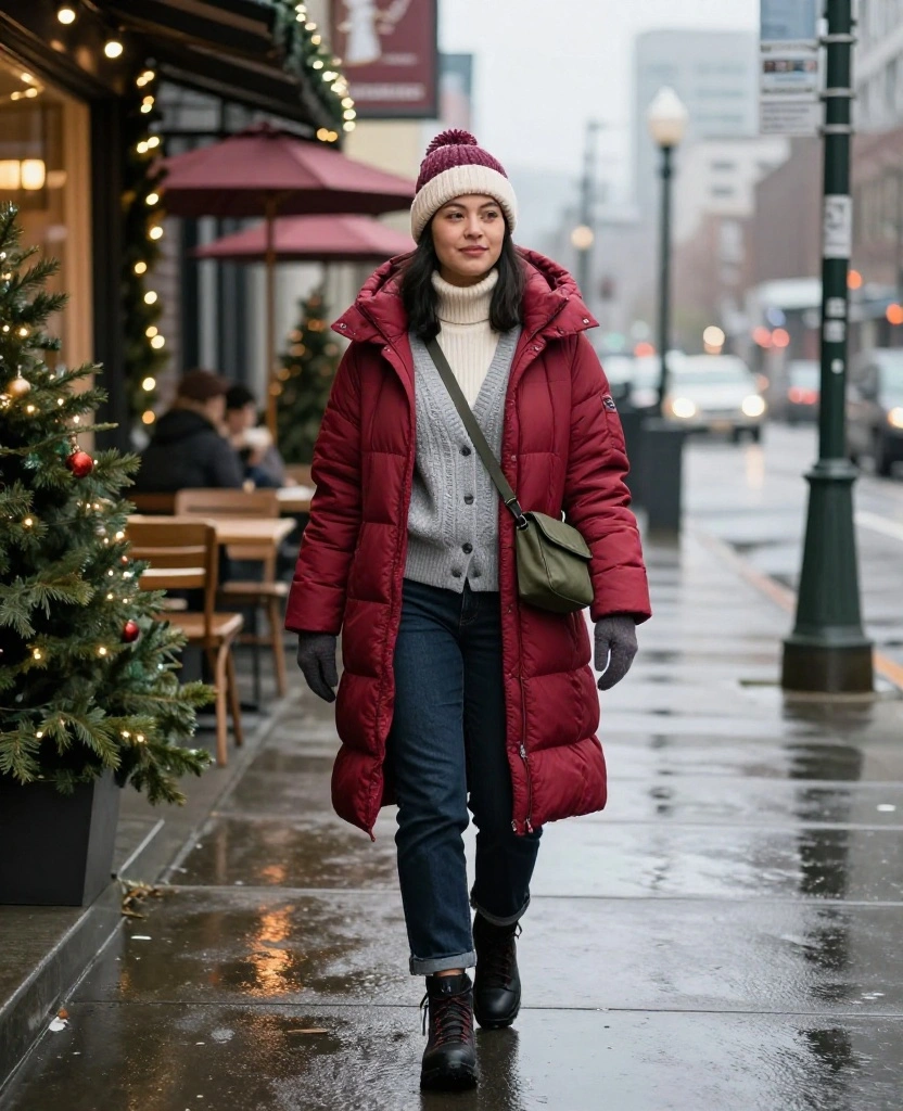 12 Vancouver Christmas Outfits That Feel Festive, Warm, and Totally Instagram-Worthy 43 What to Wear in Vancouver in December 12 Vancouver Christmas Outfits That Feel Festive, Warm, and Totally Instagram-Worthy - 7. A Colorful Puffer with Straight-Leg Denim 1