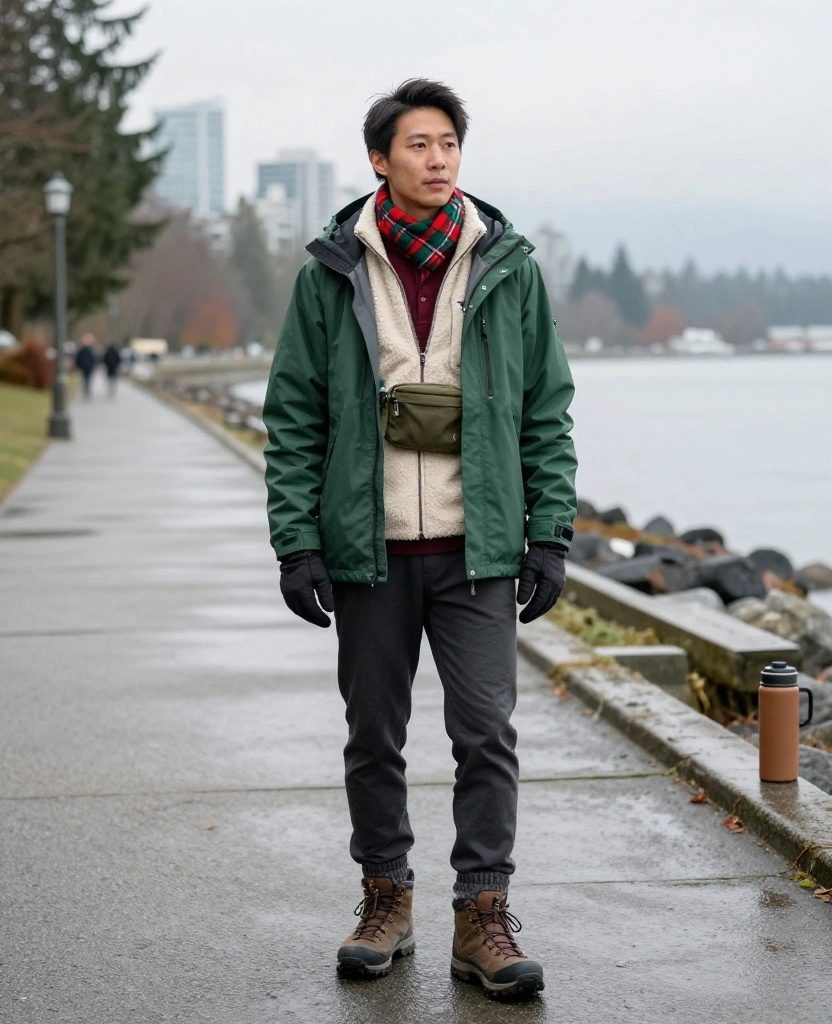12 Vancouver Christmas Outfits That Feel Festive, Warm, and Totally Instagram-Worthy 50 What to Wear in Vancouver in December 12 Vancouver Christmas Outfits That Feel Festive, Warm, and Totally Instagram-Worthy - 8. Seawall Layers with Sporty Holiday Color 1