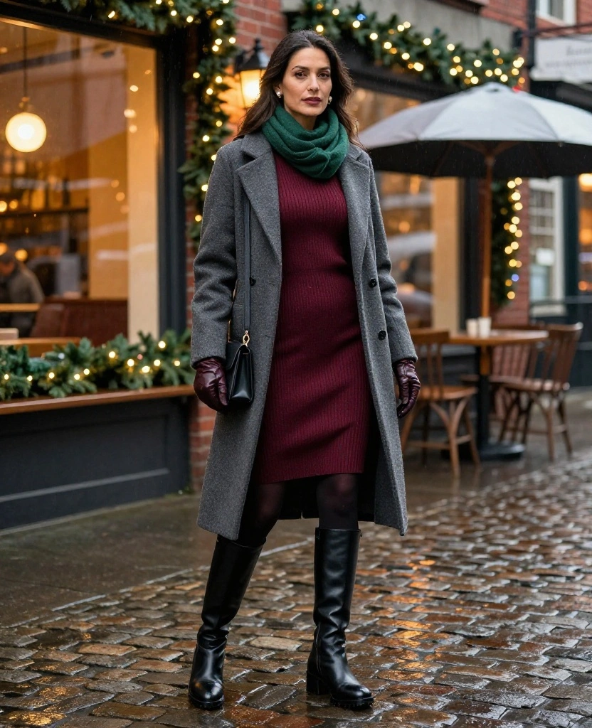 12 Vancouver Christmas Outfits That Feel Festive, Warm, and Totally Instagram-Worthy 57 What to Wear in Vancouver in December 12 Vancouver Christmas Outfits That Feel Festive, Warm, and Totally Instagram-Worthy - 9. Knit Dress and Waterproof Boots for Gastown Nights 1