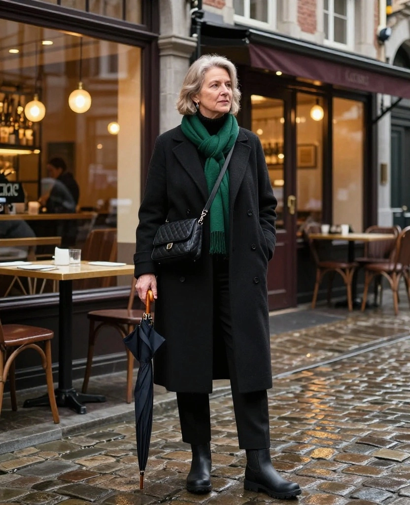 13 Brussels Winter Outfit Ideas That Go From Museum Hopping to Dinner Without a Full Change 29 What to Wear in Brussels in December 13 Brussels Winter Outfit Ideas That Go From Museum Hopping to Dinner Without a Full Change - 5. The Monochrome Black Base With a Jewel-Tone Scarf 1