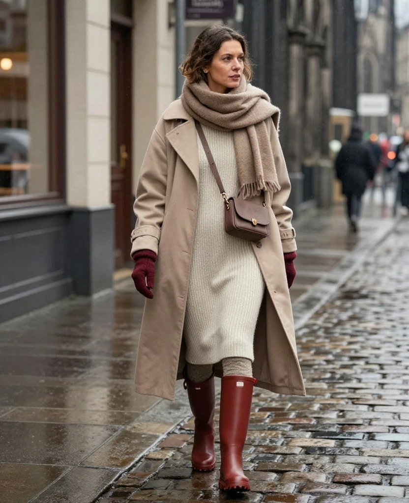 13 Cologne December Weather Outfits That Beat Rain, Wind, and Freezing Temperatures 27 What to Wear in Cologne in December 13 Cologne December Weather Outfits That Beat Rain, Wind, and Freezing Temperatures - 5. Sweater Dress with Rainproof Knee Boots 1