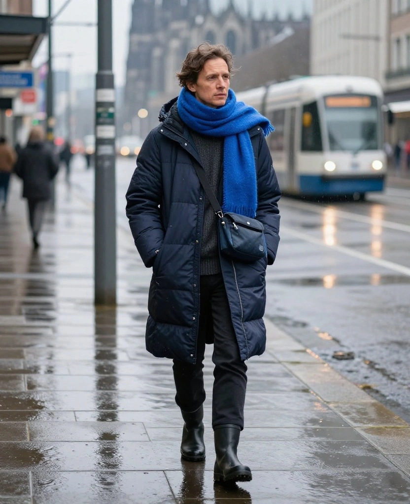 13 Cologne December Weather Outfits That Beat Rain, Wind, and Freezing Temperatures 41 What to Wear in Cologne in December 13 Cologne December Weather Outfits That Beat Rain, Wind, and Freezing Temperatures - 7. Bright Scarf, Dark Base, and Reflective Details 1