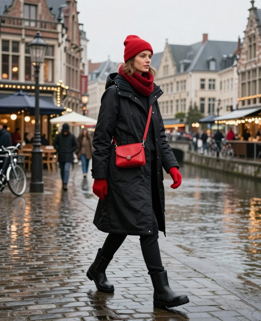 13 Ghent December Outfits Made for Rainy Streets, Cozy Cafés, and Picture-Perfect Travel Photos 78 what to wear in Ghent in December 13 Ghent December Outfits Made for Rainy Streets, Cozy Cafés, and Picture-Perfect Travel Photos - 12. The All-Black Base with Red Accessories 1