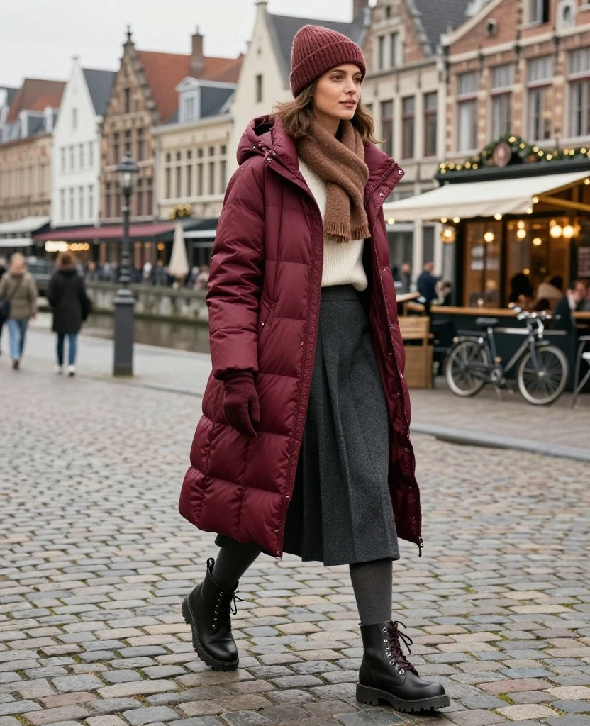 13 Ghent December Outfits Made for Rainy Streets, Cozy Cafés, and Picture-Perfect Travel Photos 8 what to wear in Ghent in December 13 Ghent December Outfits Made for Rainy Streets, Cozy Cafés, and Picture-Perfect Travel Photos - 2. A Berry Puffer with a Pleated Midi Skirt 1