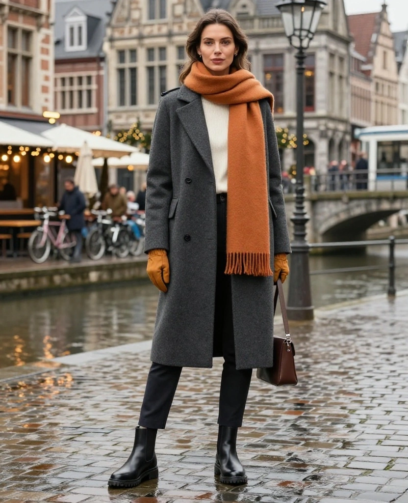 13 Ghent December Outfits Made for Rainy Streets, Cozy Cafés, and Picture-Perfect Travel Photos 13 what to wear in Ghent in December 13 Ghent December Outfits Made for Rainy Streets, Cozy Cafés, and Picture-Perfect Travel Photos - 3. The Wool Coat, Waterproof Chelsea Boots, and Bright Scarf Formula 1