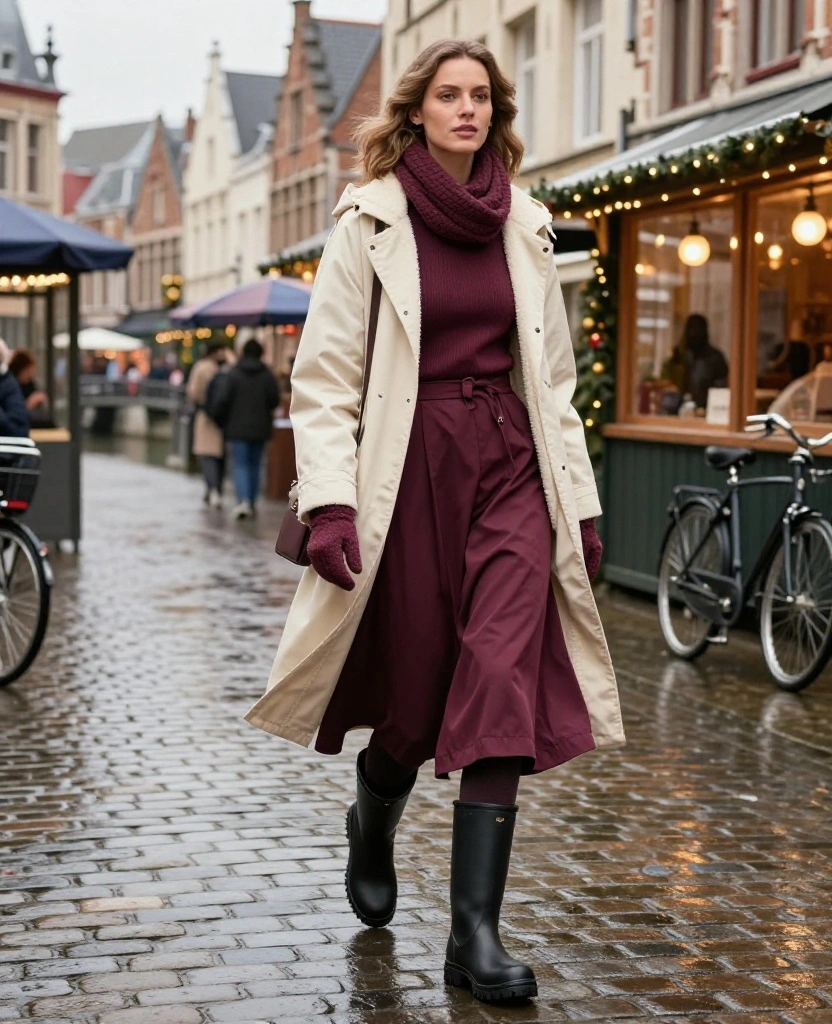 13 Ghent December Outfits Made for Rainy Streets, Cozy Cafés, and Picture-Perfect Travel Photos 34 what to wear in Ghent in December 13 Ghent December Outfits Made for Rainy Streets, Cozy Cafés, and Picture-Perfect Travel Photos - 6. The Rainproof Midi Skirt with Fleece Tights and Tall Boots 1