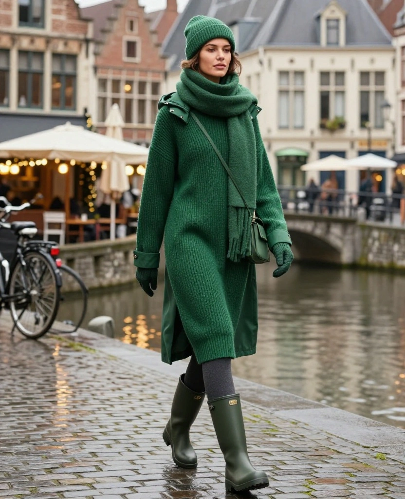 13 Ghent December Outfits Made for Rainy Streets, Cozy Cafés, and Picture-Perfect Travel Photos 48 what to wear in Ghent in December 13 Ghent December Outfits Made for Rainy Streets, Cozy Cafés, and Picture-Perfect Travel Photos - 8. The Sweater Dress with Thermal Leggings and Rain Boots 1