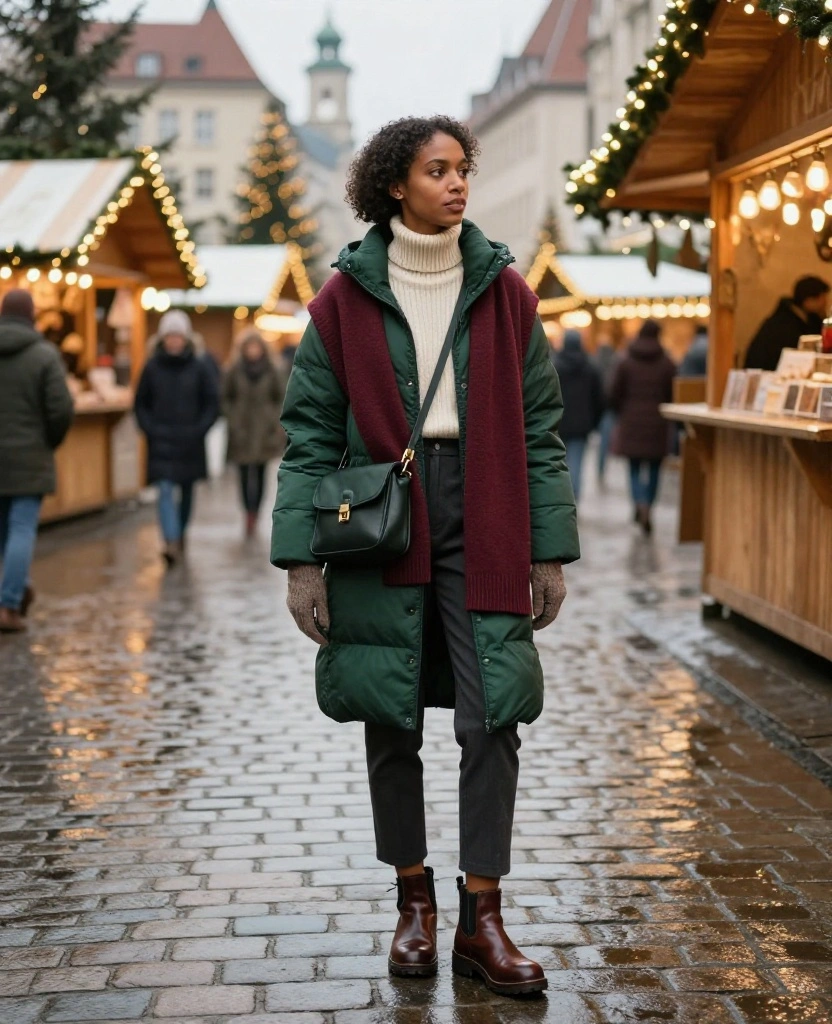 13 Munich December Travel Outfits That Take You from Sightseeing to Bavarian Dinner with Ease! 66 What to Wear in Munich in December 13 Munich December Travel Outfits That Take You from Sightseeing to Bavarian Dinner with Ease! - 10. The Deep Green Puffer with Polished Knitwear 1