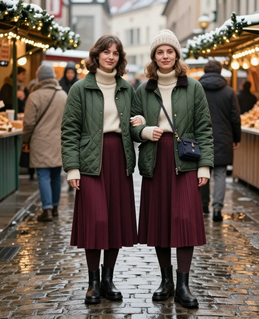 13 Munich December Travel Outfits That Take You from Sightseeing to Bavarian Dinner with Ease! 8 What to Wear in Munich in December 13 Munich December Travel Outfits That Take You from Sightseeing to Bavarian Dinner with Ease! - 2. The Quilted Jacket with a Pleated Skirt 1
