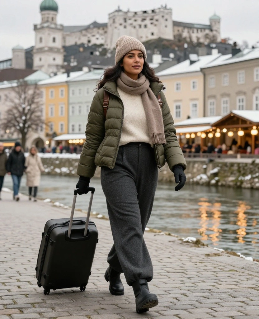 13 Salzburg December Outfits for Women That Look Effortlessly Stylish in Every Travel Photo 34 What to Wear in Salzburg in December 13 Salzburg December Outfits for Women That Look Effortlessly Stylish in Every Travel Photo - 6. Wide-Leg Trousers With a Short Puffer for Easy Movement 1