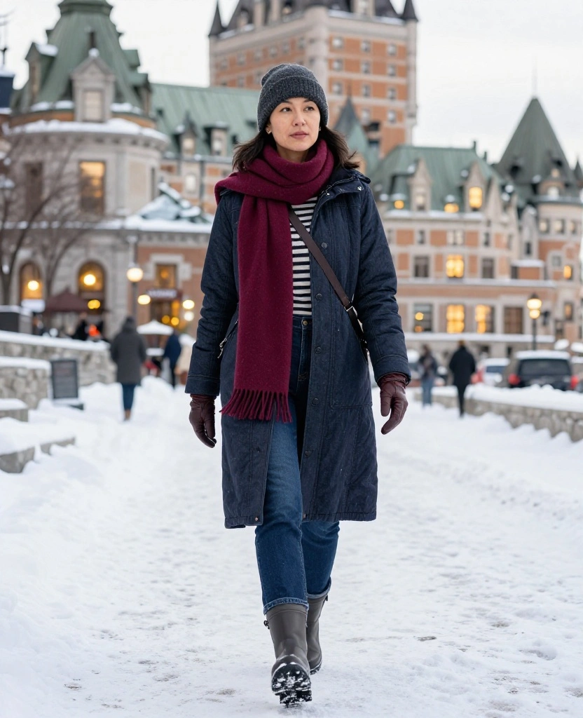 13 Women’s Winter Outfits for Québec City That Prove Warm Doesn’t Have to Mean Bulky 75 What to Wear in Québec City in December 13 Women’s Winter Outfits for Québec City That Prove Warm Doesn’t Have to Mean Bulky - 11. The Dark Denim City Uniform 1