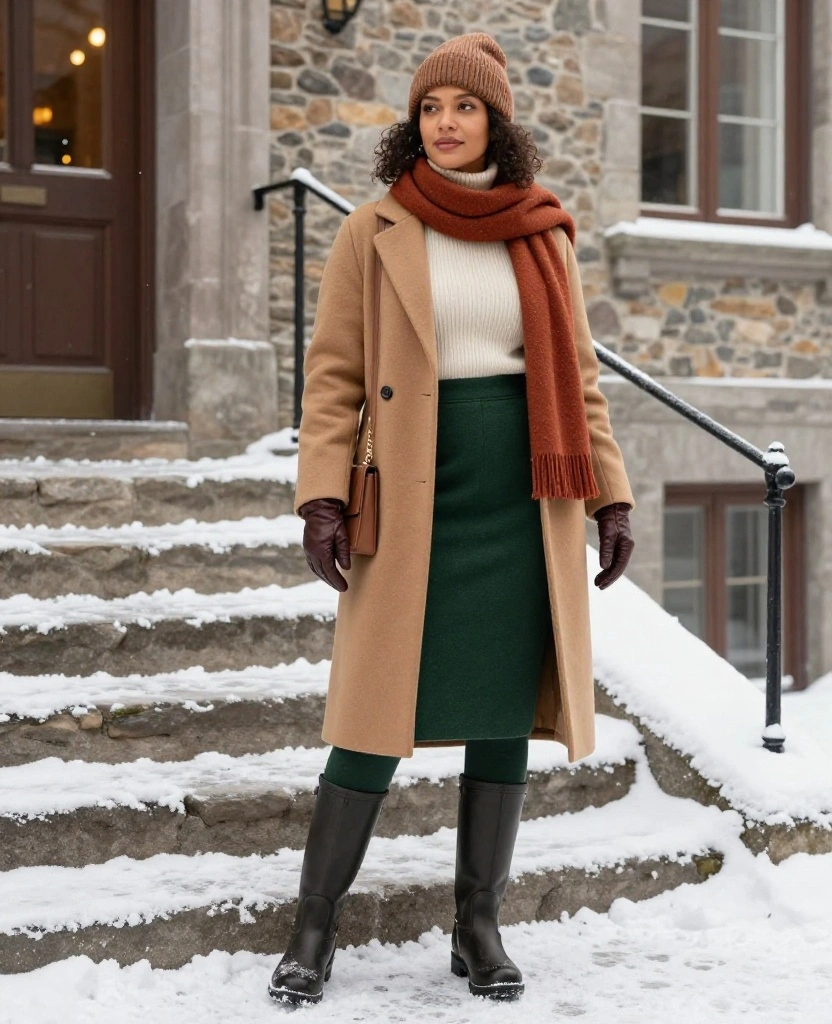 13 Women’s Winter Outfits for Québec City That Prove Warm Doesn’t Have to Mean Bulky 82 What to Wear in Québec City in December 13 Women’s Winter Outfits for Québec City That Prove Warm Doesn’t Have to Mean Bulky - 12. The Midi Skirt with Thermal Tights and Tall Boots 1