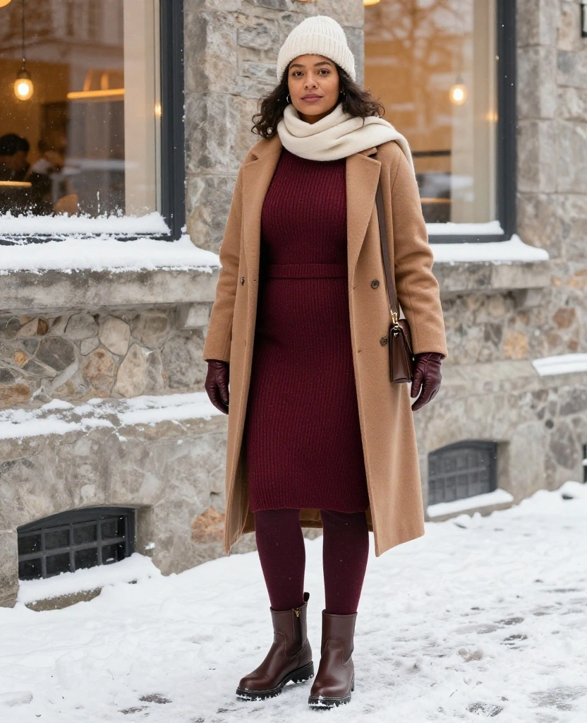 13 Women’s Winter Outfits for Québec City That Prove Warm Doesn’t Have to Mean Bulky 15 What to Wear in Québec City in December 13 Women’s Winter Outfits for Québec City That Prove Warm Doesn’t Have to Mean Bulky - 3. The Sweater Dress with Fleece-Lined Tights 1
