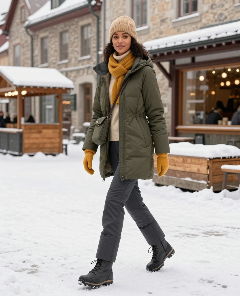 13 Women’s Winter Outfits for Québec City That Prove Warm Doesn’t Have to Mean Bulky 22 What to Wear in Québec City in December 13 Women’s Winter Outfits for Québec City That Prove Warm Doesn’t Have to Mean Bulky - 4. The Sleek Snow Trousers with a Short Insulated Coat 1