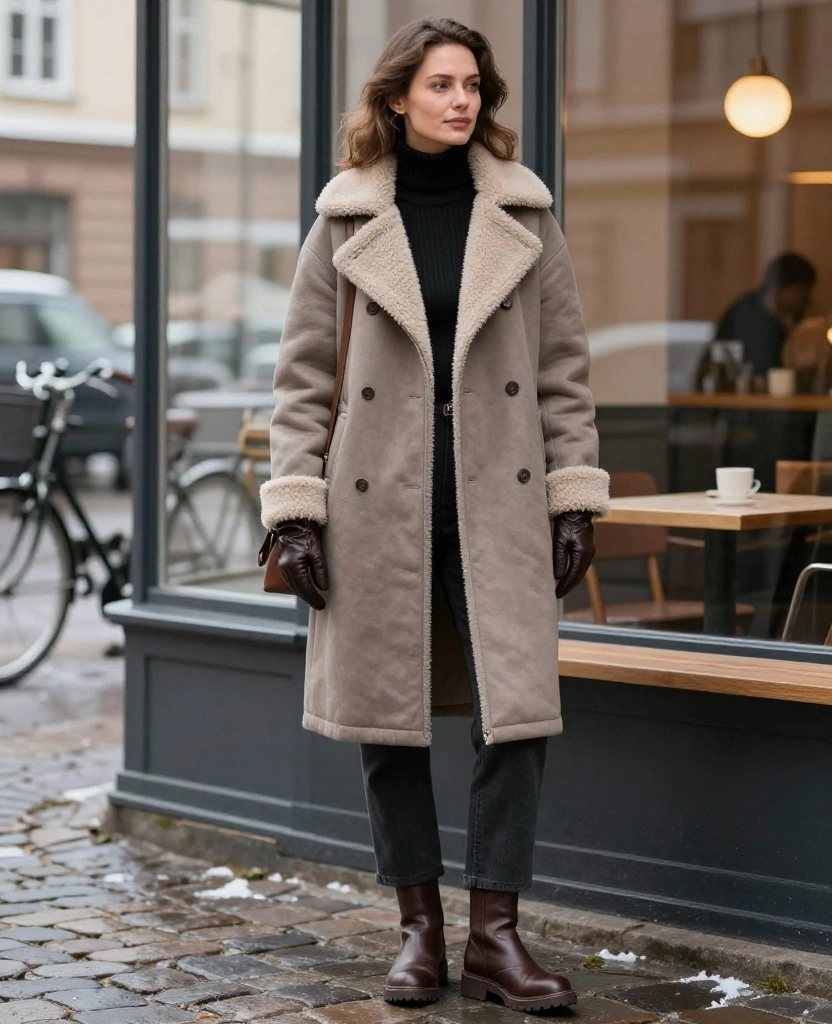 15 Copenhagen Winter Outfits Inspired by Scandinavian Style (Warm, Minimalist, and Seriously Chic!) 89 What to Wear in Copenhagen in December 15 Copenhagen Winter Outfits Inspired by Scandinavian Style (Warm, Minimalist, and Seriously Chic!) - 13. Shearling Details with a Practical Winter Finish 1
