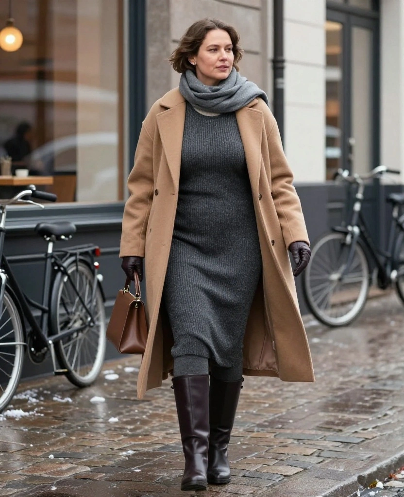 15 Copenhagen Winter Outfits Inspired by Scandinavian Style (Warm, Minimalist, and Seriously Chic!) 15 What to Wear in Copenhagen in December 15 Copenhagen Winter Outfits Inspired by Scandinavian Style (Warm, Minimalist, and Seriously Chic!) - 3. A Knit Dress with Tights and Tall Boots 1