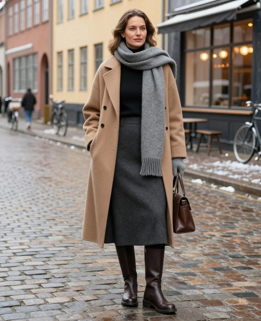 15 Copenhagen Winter Outfits Inspired by Scandinavian Style (Warm, Minimalist, and Seriously Chic!) 43 What to Wear in Copenhagen in December 15 Copenhagen Winter Outfits Inspired by Scandinavian Style (Warm, Minimalist, and Seriously Chic!) - 7. The Wool Midi Skirt with Fleece-Lined Tights 1