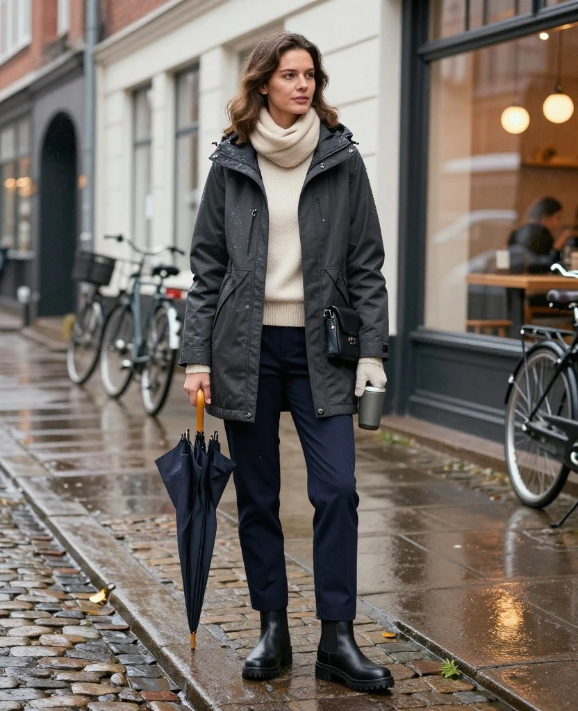 15 Copenhagen Winter Outfits Inspired by Scandinavian Style (Warm, Minimalist, and Seriously Chic!) 52 What to Wear in Copenhagen in December 15 Copenhagen Winter Outfits Inspired by Scandinavian Style (Warm, Minimalist, and Seriously Chic!) - 8. Rain-Ready Layers for Damp December Days 1