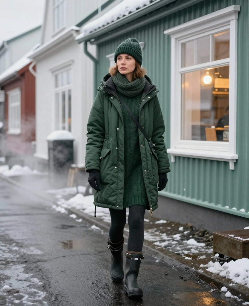 15 Reykjavík December Outfit Ideas That Are Cozy, Waterproof, and Seriously Photo-Ready 22 What to wear in Reykjavík in December 15 Reykjavík December Outfit Ideas That Are Cozy, Waterproof, and Seriously Photo-Ready - 4. A Thermal Dress with a Waterproof Parka 1