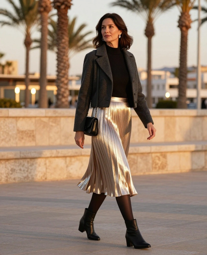 15 Stylish Women’s Outfits for Málaga in December That Look Amazing in Every Photo 100 what to wear in Málaga in December 15 Stylish Women’s Outfits for Málaga in December That Look Amazing in Every Photo - 15. A Dressy Evening Look with a Metallic Skirt 1
