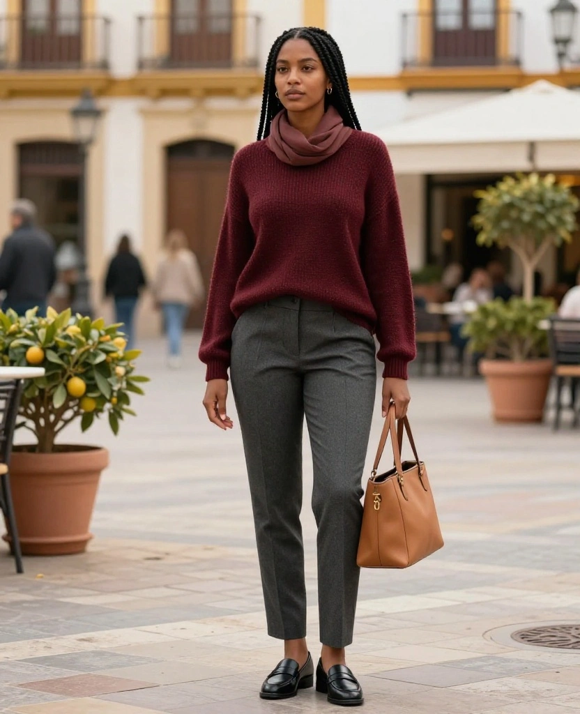 15 Stylish Women’s Outfits for Málaga in December That Look Amazing in Every Photo 8 what to wear in Málaga in December 15 Stylish Women’s Outfits for Málaga in December That Look Amazing in Every Photo - 2. Burgundy Knitwear with Tailored Trousers 1