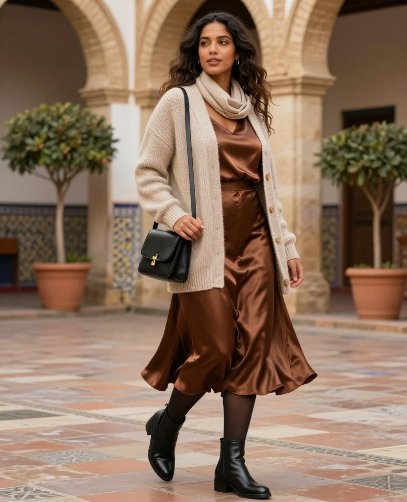 15 Stylish Women’s Outfits for Málaga in December That Look Amazing in Every Photo 22 what to wear in Málaga in December 15 Stylish Women’s Outfits for Málaga in December That Look Amazing in Every Photo - 4. A Soft Cardigan with a Satin Midi Skirt and Tights 1
