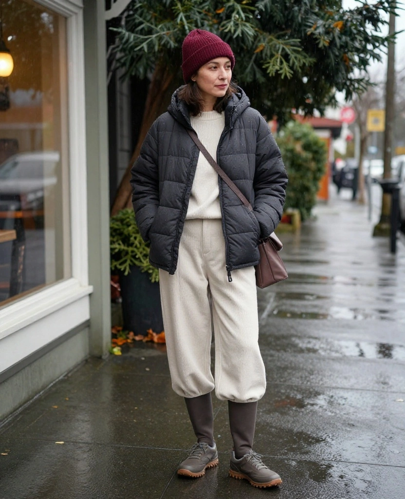 15 Victoria December Outfits That Keep You Cozy, Dry, and Totally Photo-Ready 8 what to wear in Victoria in December 15 Victoria December Outfits That Keep You Cozy, Dry, and Totally Photo-Ready - 2. Quilted Puffer, Wide-Leg Trousers, and Waterproof Sneakers 1
