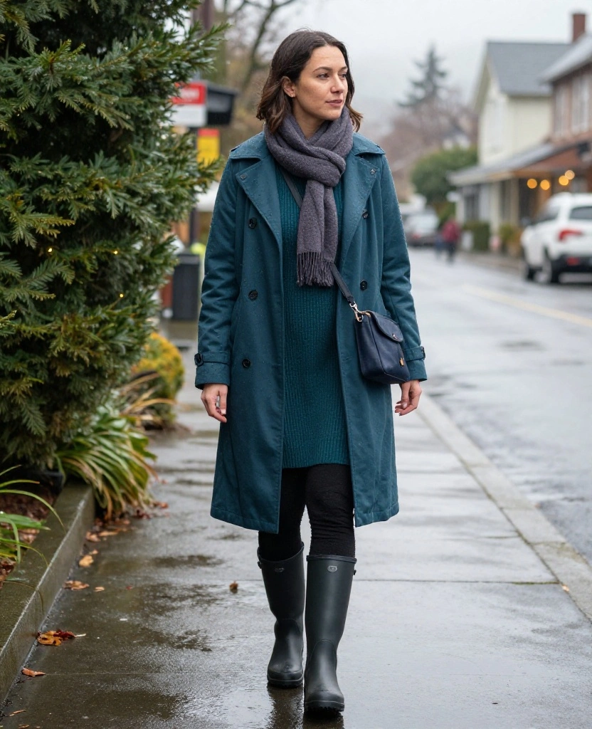 15 Victoria December Outfits That Keep You Cozy, Dry, and Totally Photo-Ready 15 what to wear in Victoria in December 15 Victoria December Outfits That Keep You Cozy, Dry, and Totally Photo-Ready - 3. The Sweater Dress with Fleece Tights and Tall Rain Boots 1