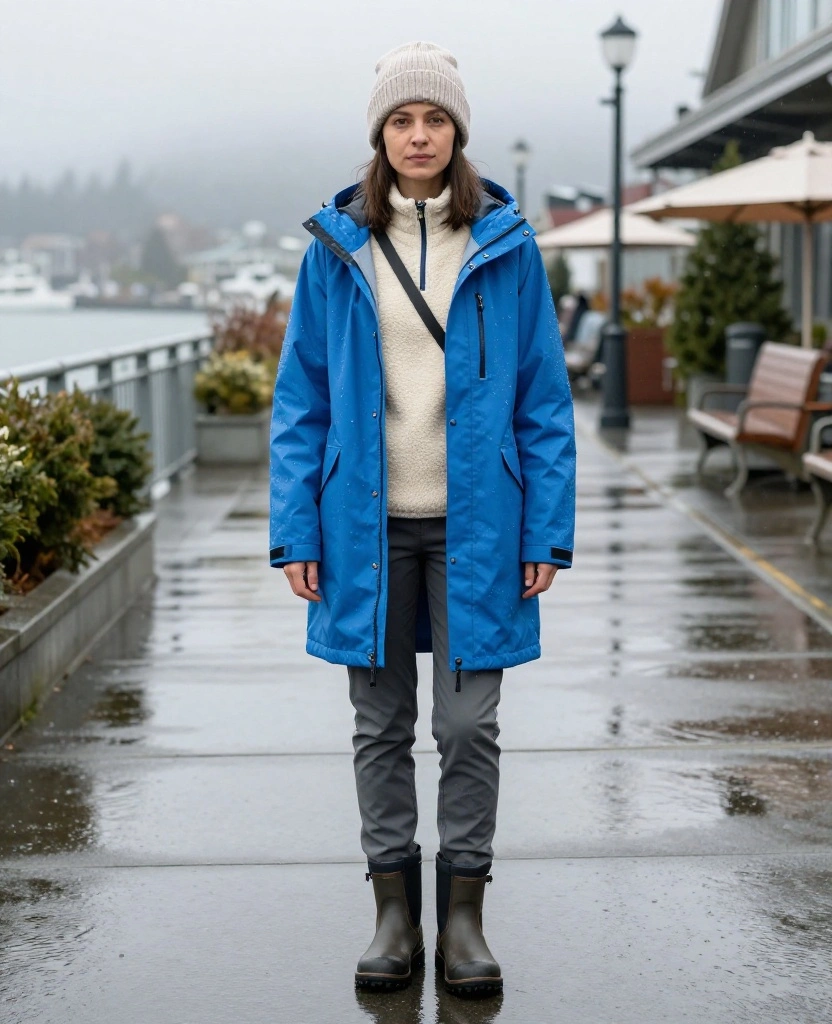 15 Victoria December Outfits That Keep You Cozy, Dry, and Totally Photo-Ready 29 what to wear in Victoria in December 15 Victoria December Outfits That Keep You Cozy, Dry, and Totally Photo-Ready - 5. Bright Rain Shell over Neutral Layers 1