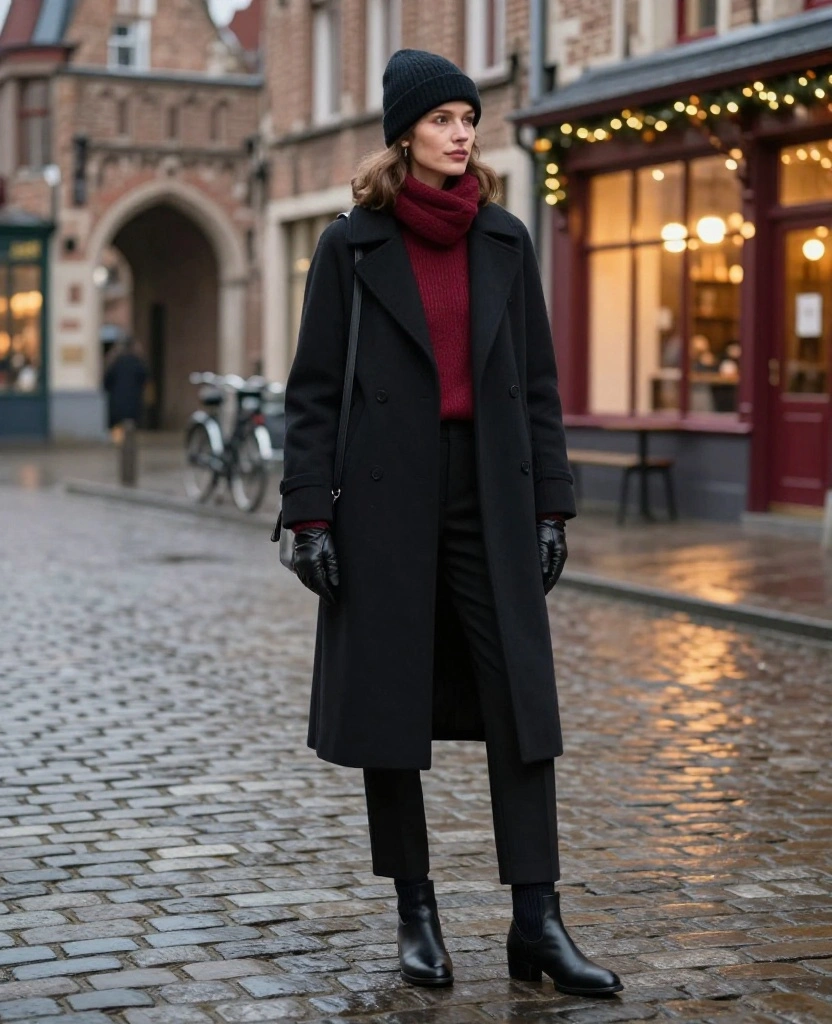 What to Wear in Bruges in December: 15 Cozy Winter Outfits That Look Chic in Every Photo! 66 What to wear in Bruges in December What to Wear in Bruges in December: 15 Cozy Winter Outfits That Look Chic in Every Photo! - 10. The Festive Red Knit Under a Black Coat 1