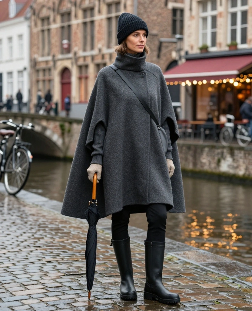 What to Wear in Bruges in December: 15 Cozy Winter Outfits That Look Chic in Every Photo! 73 What to wear in Bruges in December What to Wear in Bruges in December: 15 Cozy Winter Outfits That Look Chic in Every Photo! - 11. The Weatherproof Cape and Slim Thermal Layers 1