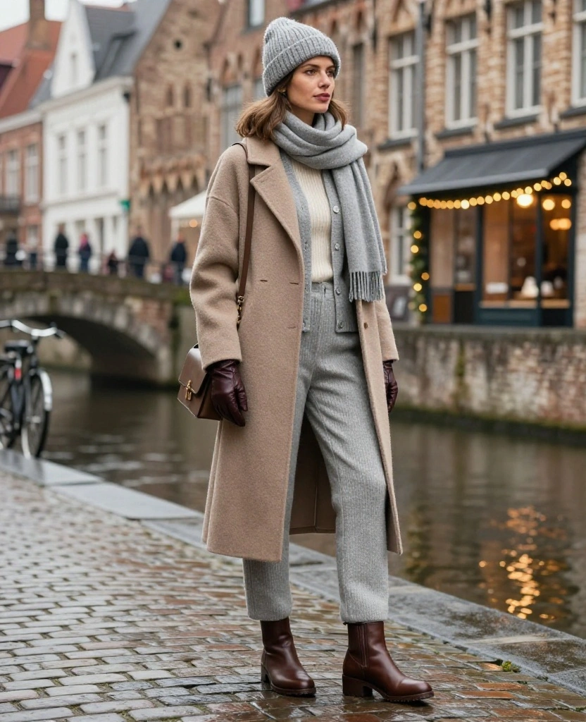 What to Wear in Bruges in December: 15 Cozy Winter Outfits That Look Chic in Every Photo! 80 What to wear in Bruges in December What to Wear in Bruges in December: 15 Cozy Winter Outfits That Look Chic in Every Photo! - 12. The Soft Gray Suit with a Long Wool Coat 1