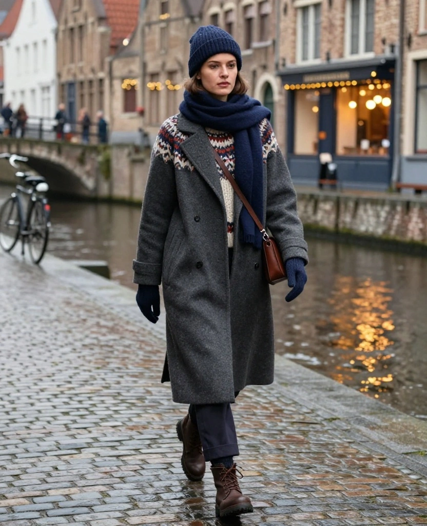 What to Wear in Bruges in December: 15 Cozy Winter Outfits That Look Chic in Every Photo! 89 What to wear in Bruges in December What to Wear in Bruges in December: 15 Cozy Winter Outfits That Look Chic in Every Photo! - 13. The Warm Fair Isle Sweater with a Sleek Coat 1