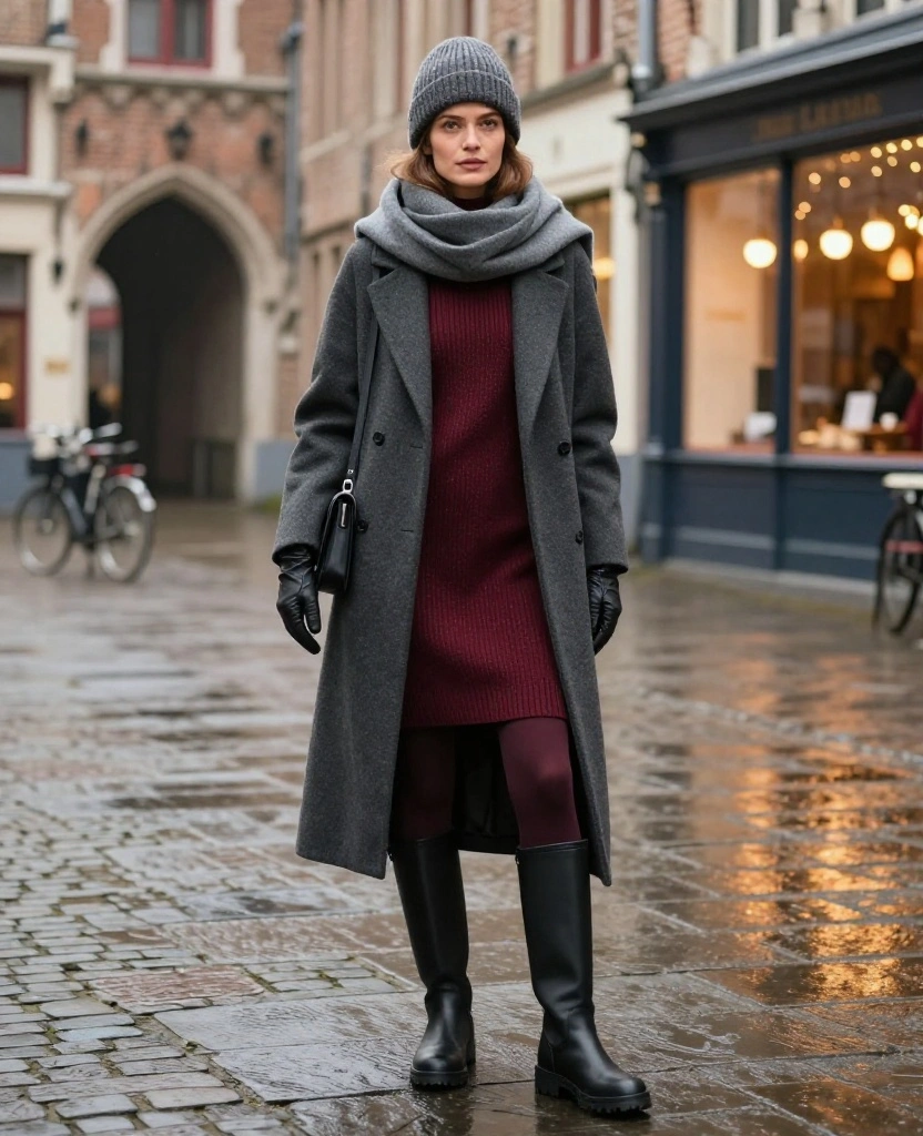 What to Wear in Bruges in December: 15 Cozy Winter Outfits That Look Chic in Every Photo! 15 What to wear in Bruges in December What to Wear in Bruges in December: 15 Cozy Winter Outfits That Look Chic in Every Photo! - 3. The Burgundy Sweater Dress and Warm Tights 1