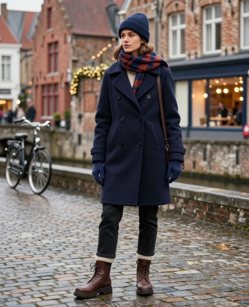 What to Wear in Bruges in December: 15 Cozy Winter Outfits That Look Chic in Every Photo! 22 What to wear in Bruges in December What to Wear in Bruges in December: 15 Cozy Winter Outfits That Look Chic in Every Photo! - 4. The Navy Peacoat and Plaid Scarf Combination 1