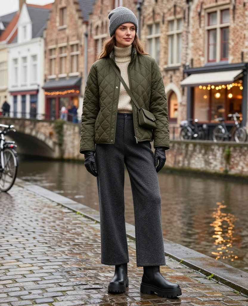 What to Wear in Bruges in December: 15 Cozy Winter Outfits That Look Chic in Every Photo! 29 What to wear in Bruges in December What to Wear in Bruges in December: 15 Cozy Winter Outfits That Look Chic in Every Photo! - 5. The Quilted Jacket and Wide-Leg Trousers Look 1