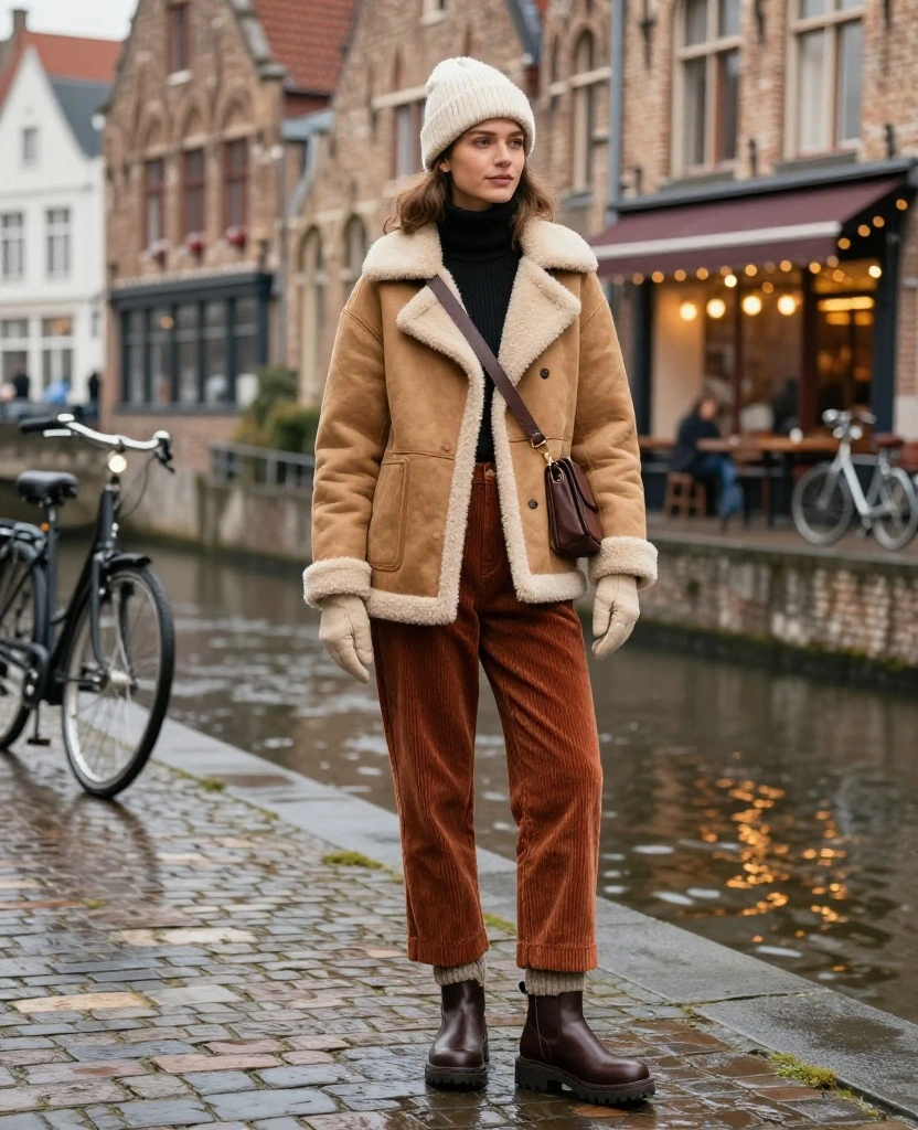 What to Wear in Bruges in December: 15 Cozy Winter Outfits That Look Chic in Every Photo! 36 What to wear in Bruges in December What to Wear in Bruges in December: 15 Cozy Winter Outfits That Look Chic in Every Photo! - 6. The Shearling Jacket with Corduroy Texture 1