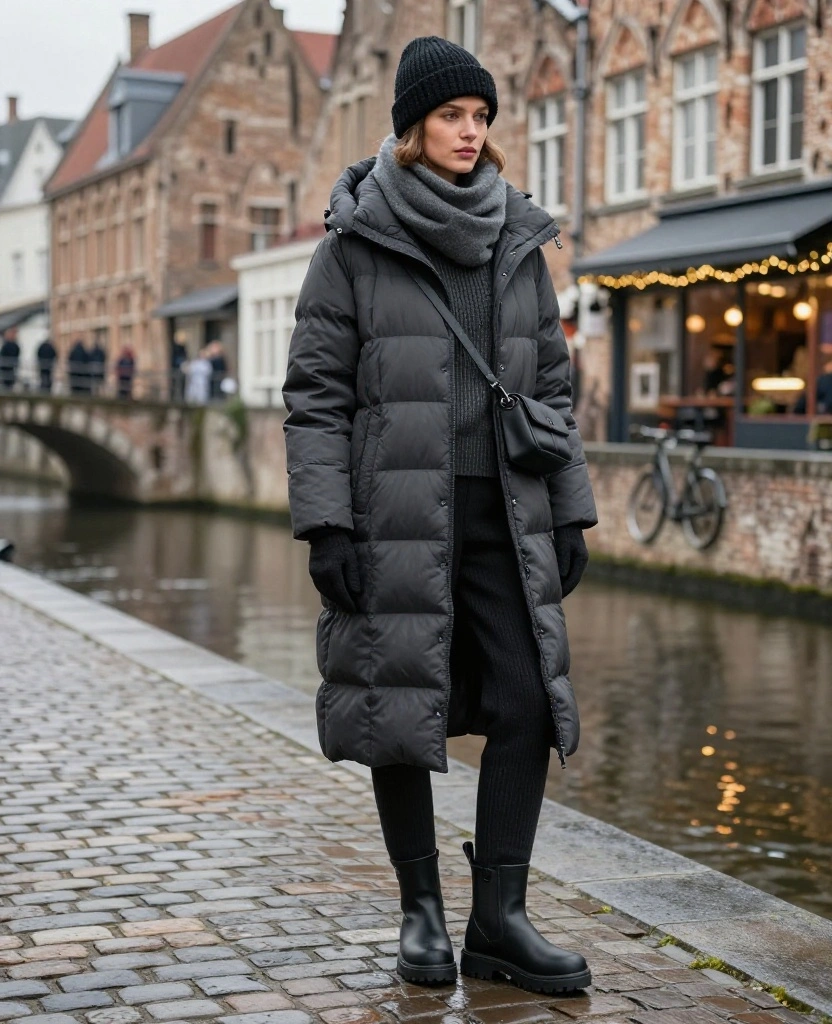 What to Wear in Bruges in December: 15 Cozy Winter Outfits That Look Chic in Every Photo! 43 What to wear in Bruges in December What to Wear in Bruges in December: 15 Cozy Winter Outfits That Look Chic in Every Photo! - 7. The Monochrome Charcoal Puffer Outfit 1