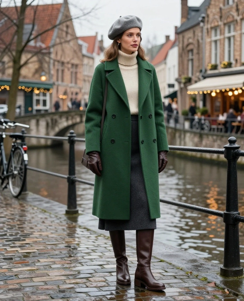 What to Wear in Bruges in December: 15 Cozy Winter Outfits That Look Chic in Every Photo! 52 What to wear in Bruges in December What to Wear in Bruges in December: 15 Cozy Winter Outfits That Look Chic in Every Photo! - 8. The Forest-Green Coat and Midi Skirt Pairing 1