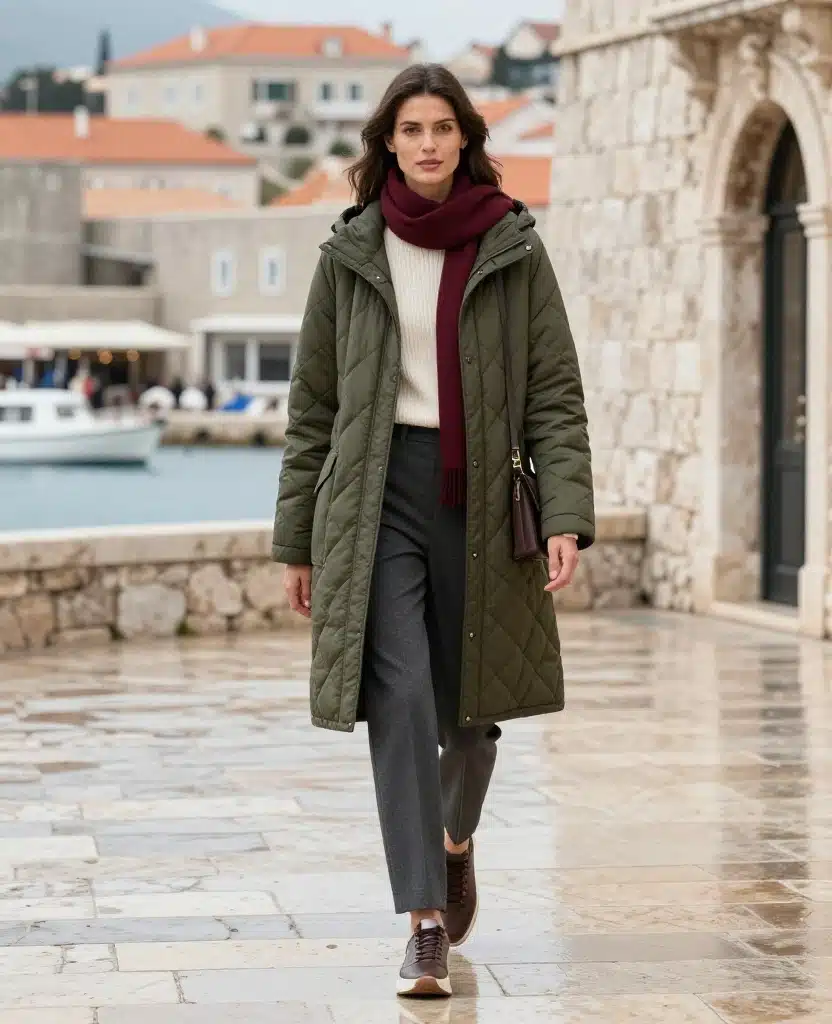 What to Wear in Dubrovnik in December: 15 Chic Winter Outfits That Beat the Coastal Chill 11 What to Wear in Dubrovnik in December What to Wear in Dubrovnik in December: 15 Chic Winter Outfits That Beat the Coastal Chill - 3. Try a Sleek Quilted Jacket for Windy Harbor Walks 1
