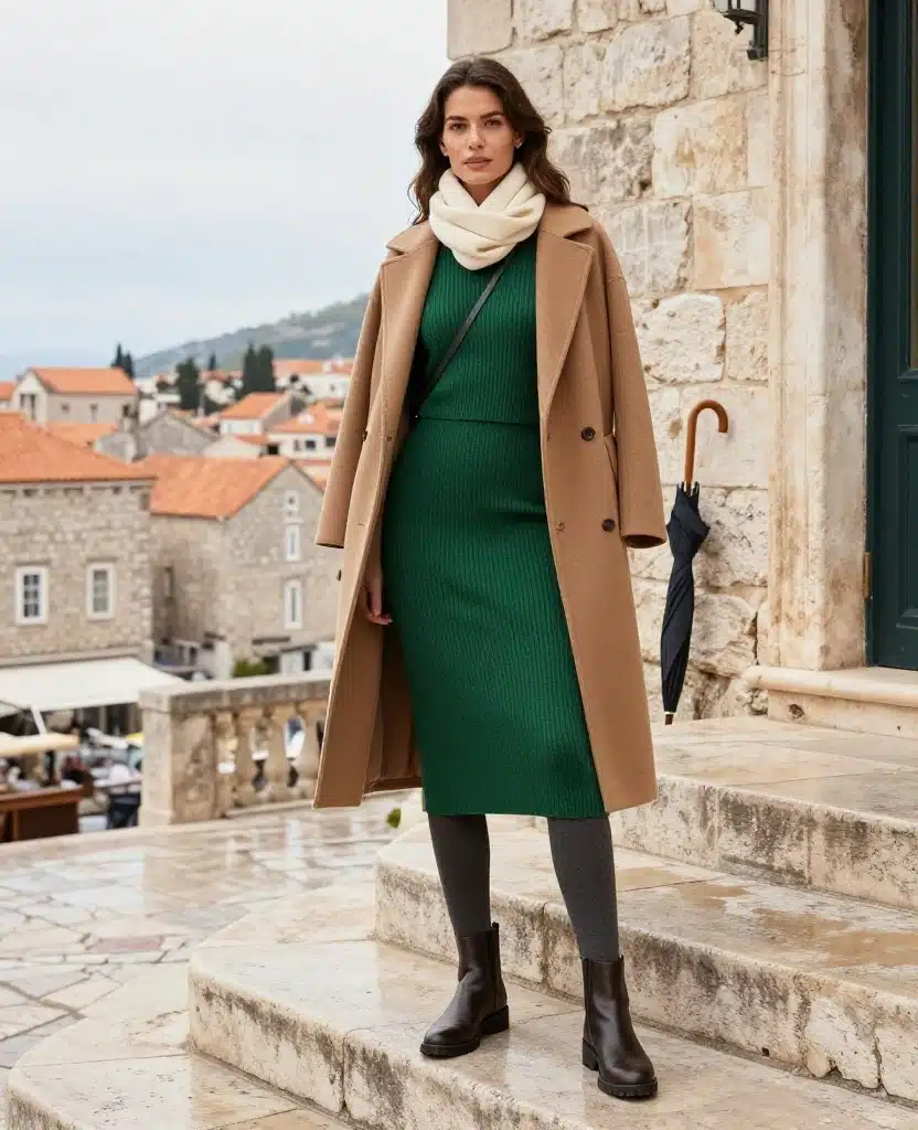 What to Wear in Dubrovnik in December: 15 Chic Winter Outfits That Beat the Coastal Chill 18 What to Wear in Dubrovnik in December What to Wear in Dubrovnik in December: 15 Chic Winter Outfits That Beat the Coastal Chill - 4. Wear a Knit Dress With Tights and Boots 1