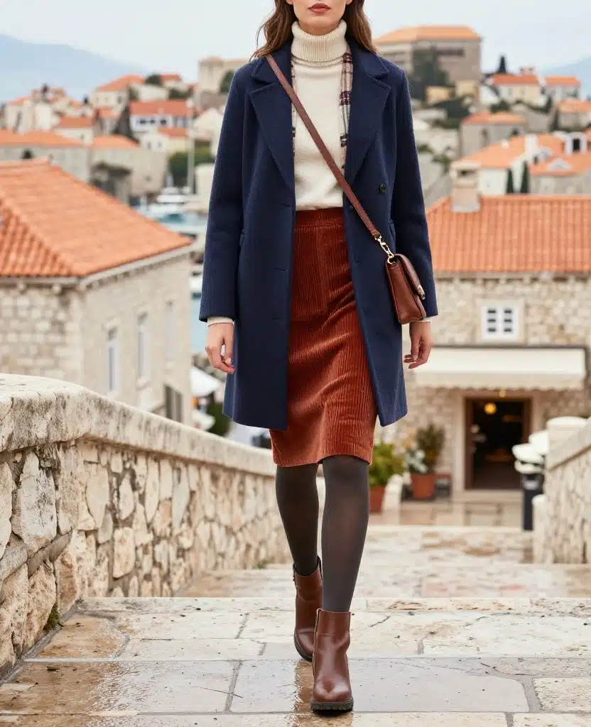 What to Wear in Dubrovnik in December: 15 Chic Winter Outfits That Beat the Coastal Chill 39 What to Wear in Dubrovnik in December What to Wear in Dubrovnik in December: 15 Chic Winter Outfits That Beat the Coastal Chill - 7. Style a Midi Skirt With Warm Tights 1