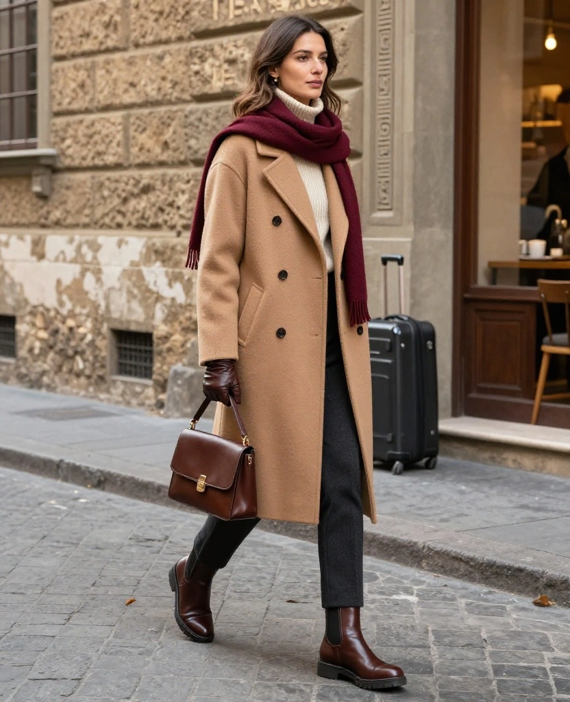 What to Wear in Florence in December: 15 Chic Winter Outfits You’ll Be Glad You Packed 1 What to Wear in Florence in December What to Wear in Florence in December: 15 Chic Winter Outfits You’ll Be Glad You Packed - 1. The Camel Coat, Turtleneck, and Straight-Leg Trouser Formula 1