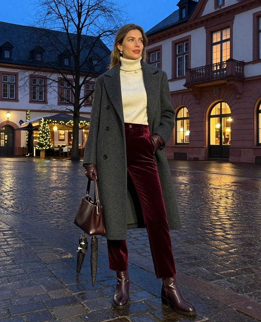 What to Wear in Frankfurt in December: 15 Chic Winter Outfits That Keep You Warm Without Looking Bulky! 81 What to Wear in Frankfurt in December What to Wear in Frankfurt in December: 15 Chic Winter Outfits That Keep You Warm Without Looking Bulky! - 13. Velvet Trousers for a Festive December Evening 1