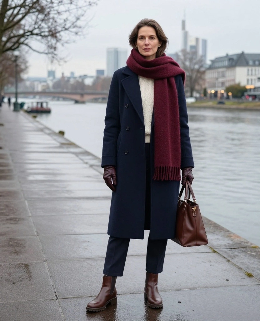 What to Wear in Frankfurt in December: 15 Chic Winter Outfits That Keep You Warm Without Looking Bulky! 29 What to Wear in Frankfurt in December What to Wear in Frankfurt in December: 15 Chic Winter Outfits That Keep You Warm Without Looking Bulky! - 5. Navy Layers With a Burgundy Scarf 1