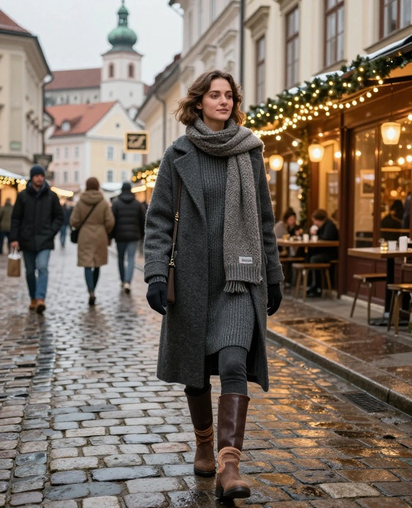 What to Wear in Ljubljana in December: 15 Cozy Winter Outfit Ideas You’ll Want to Copy! 13 What to Wear in Ljubljana in December What to Wear in Ljubljana in December: 15 Cozy Winter Outfit Ideas You’ll Want to Copy! - 3. A Sweater Dress with Thermal Tights 1