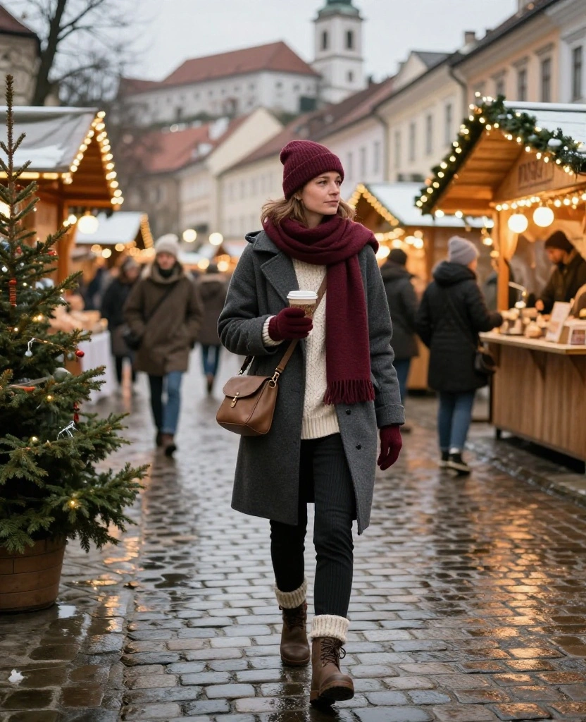 What to Wear in Ljubljana in December: 15 Cozy Winter Outfit Ideas You’ll Want to Copy! 50 What to Wear in Ljubljana in December What to Wear in Ljubljana in December: 15 Cozy Winter Outfit Ideas You’ll Want to Copy! - 8. A Festive Market Look with Burgundy Accessories 1