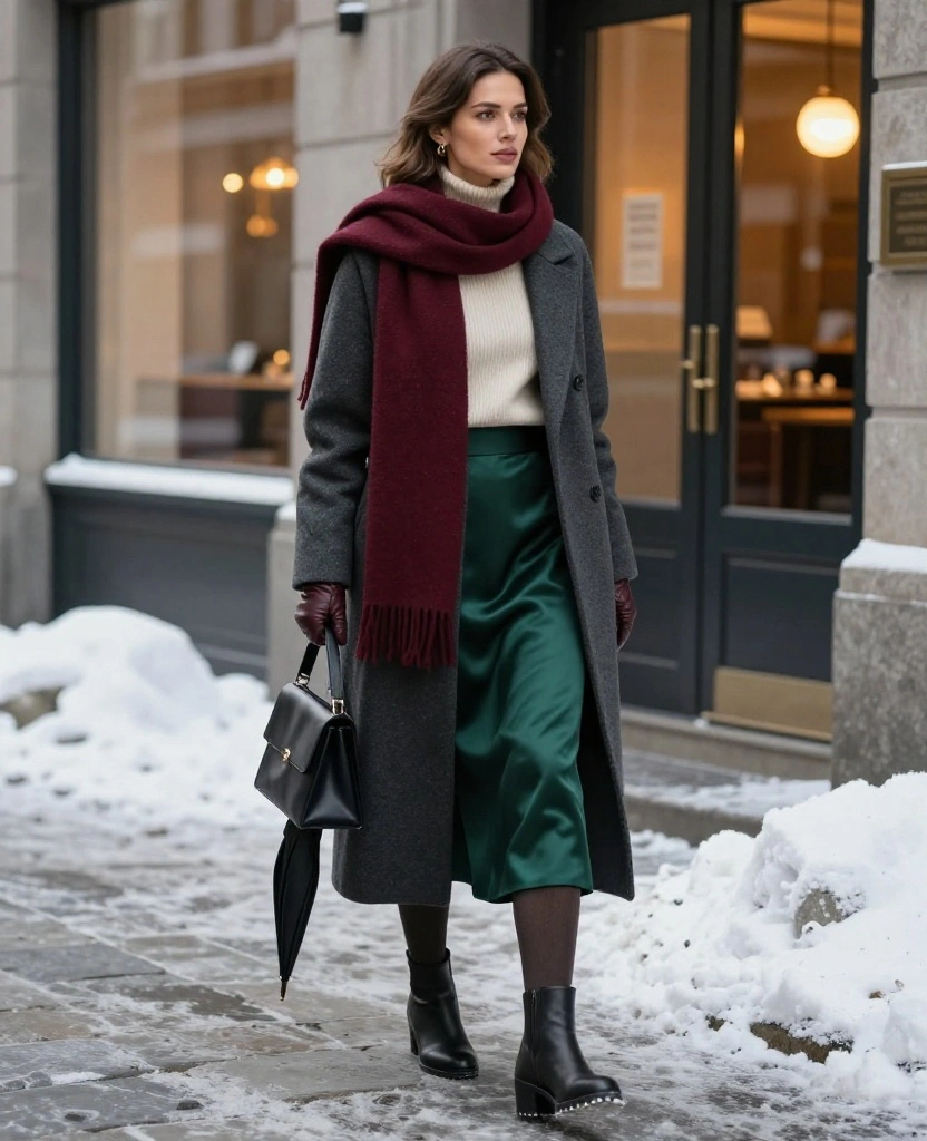 What to Wear in Montréal in December: 15 Warm Winter Outfits That Look Chic, Not Bulky! 54 What to Wear in Montréal in December What to Wear in Montréal in December: 15 Warm Winter Outfits That Look Chic, Not Bulky! - 12. The Satin Skirt and Oversized Scarf for Dinner 1
