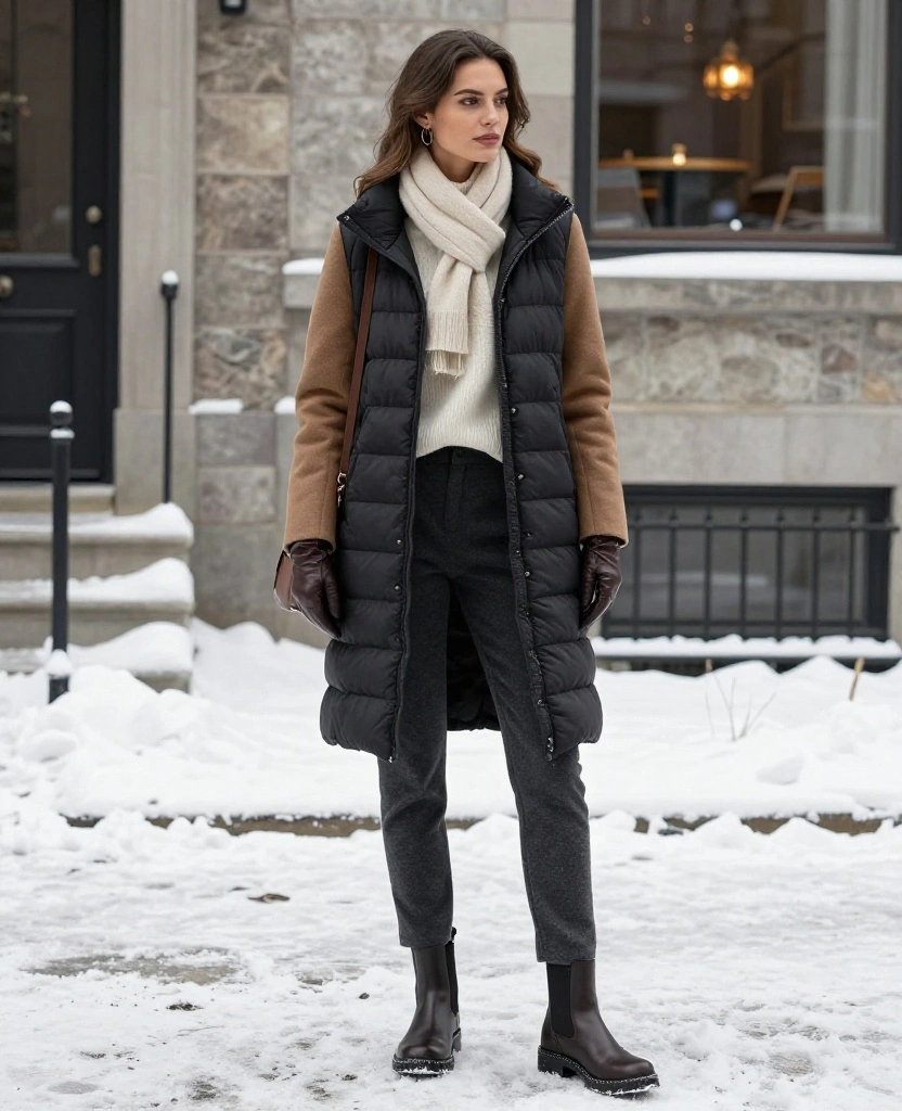 What to Wear in Montréal in December: 15 Warm Winter Outfits That Look Chic, Not Bulky! 56 What to Wear in Montréal in December What to Wear in Montréal in December: 15 Warm Winter Outfits That Look Chic, Not Bulky! - 13. The Thin Down Vest Hidden Under a Wool Coat 1