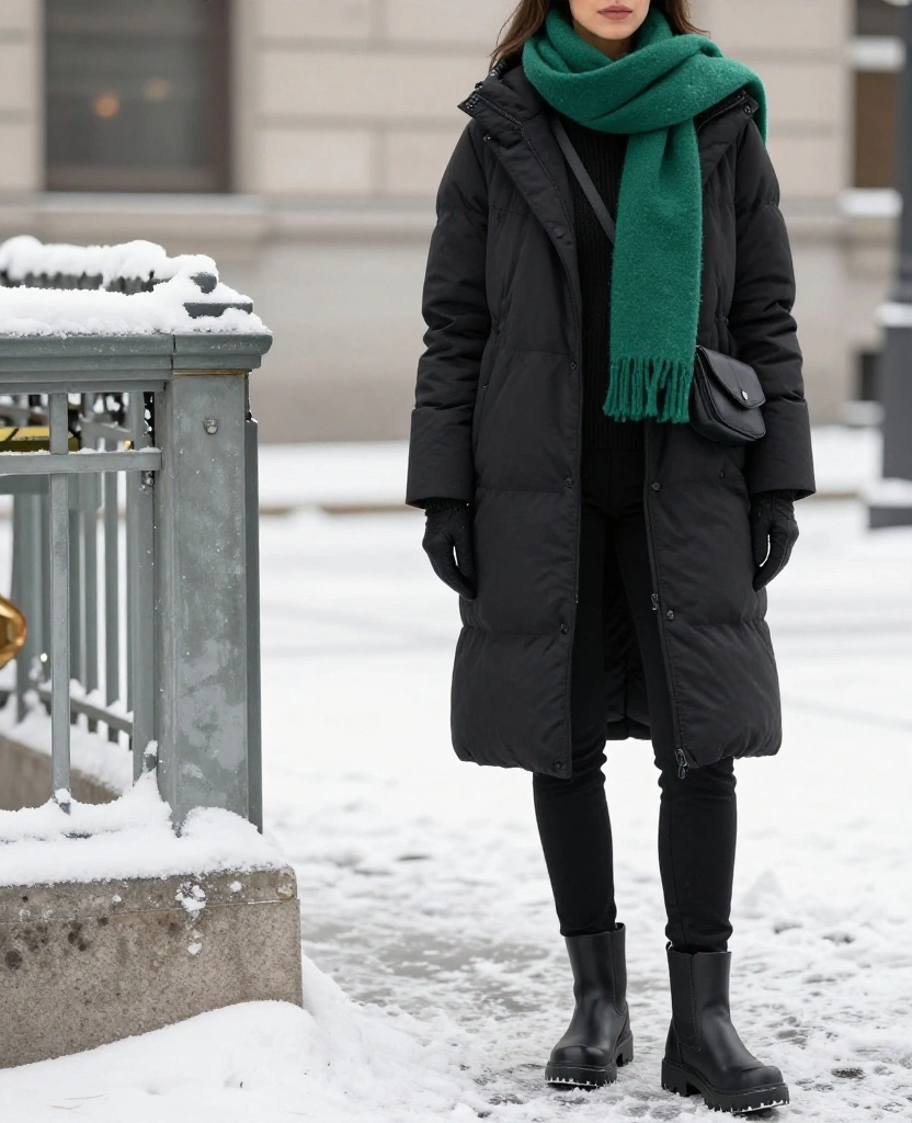 What to Wear in Montréal in December: 15 Warm Winter Outfits That Look Chic, Not Bulky! 3 What to Wear in Montréal in December What to Wear in Montréal in December: 15 Warm Winter Outfits That Look Chic, Not Bulky! - 3. A Sleek Monochrome Black Base With a Jewel-Tone Scarf 1